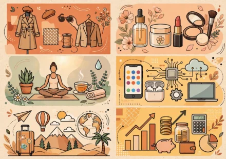 Editorial illustration of fashion, beauty, wellness, technology, travel and finance themes