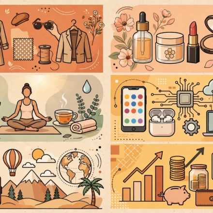 Editorial illustration of fashion, beauty, wellness, technology, travel and finance themes