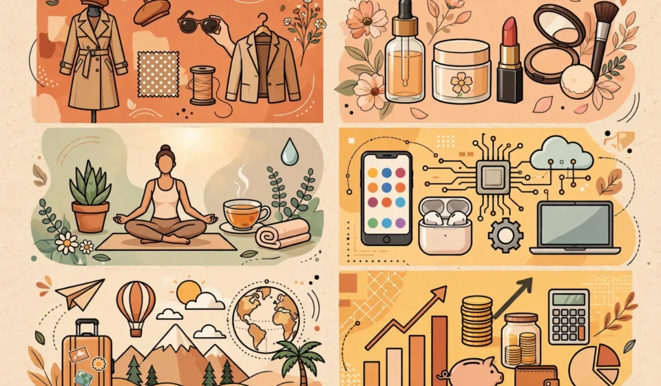 Editorial illustration of fashion, beauty, wellness, technology, travel and finance themes
