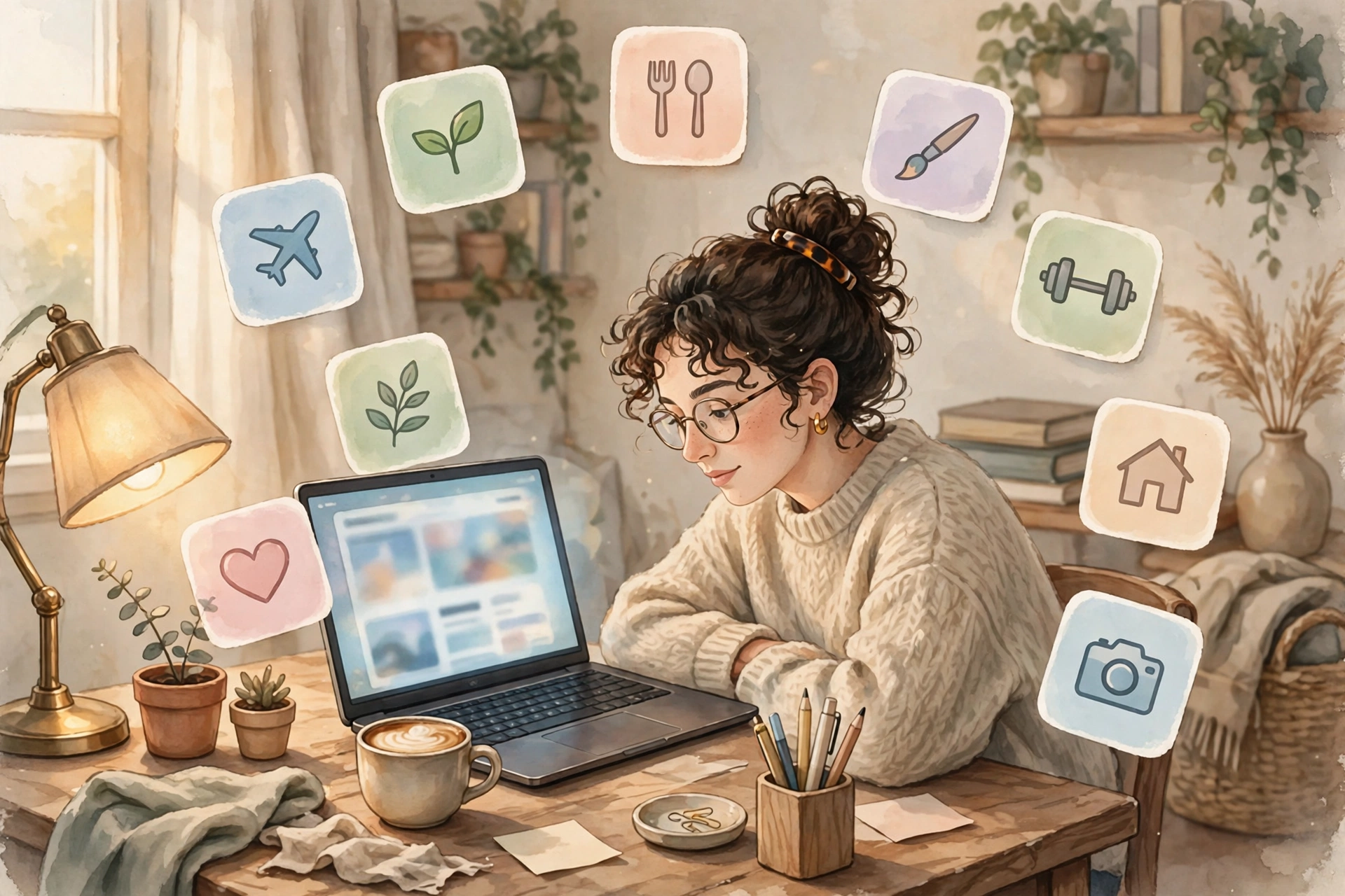 Person browsing blog articles on a laptop at a cozy desk