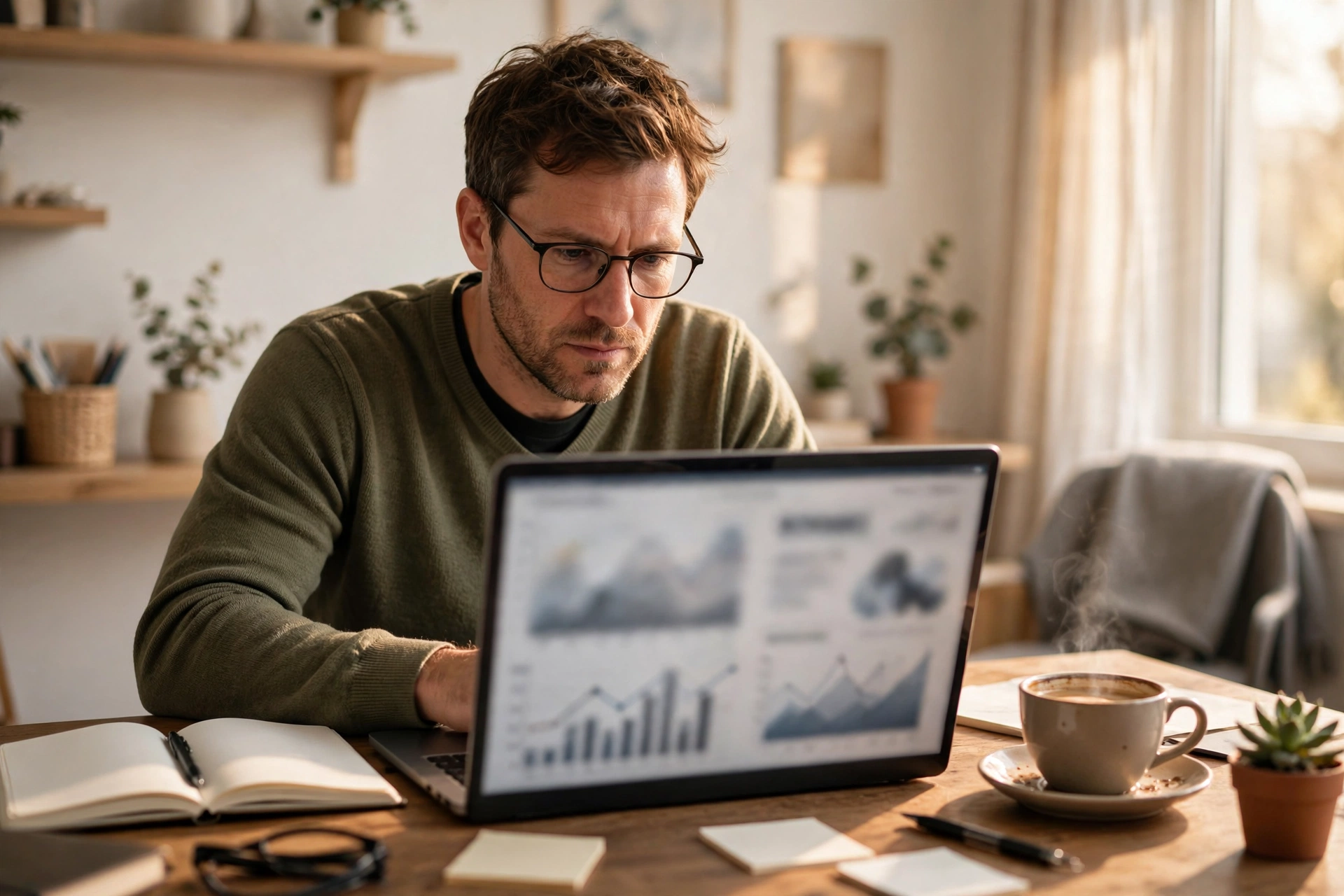 Entrepreneur reading business articles on a laptop