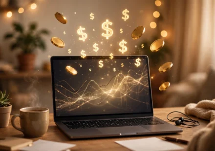 money6x .com make money online concept — laptop with coins