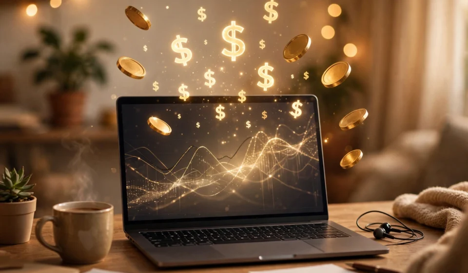 money6x .com make money online concept — laptop with coins