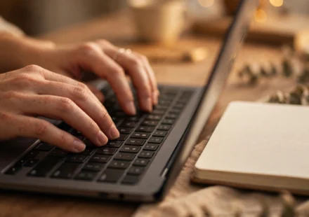 typing .com free typing lessons — hands typing on a laptop keyboard