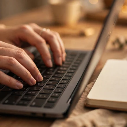 typing .com free typing lessons — hands typing on a laptop keyboard