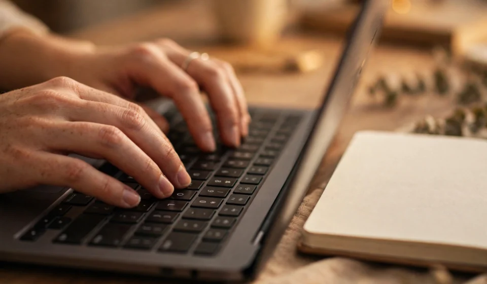 typing .com free typing lessons — hands typing on a laptop keyboard