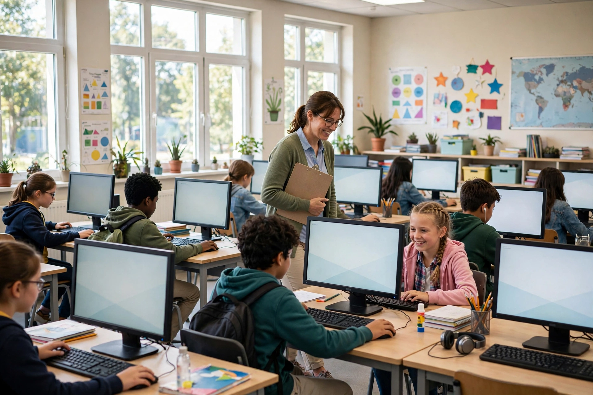 students practicing typing on computers in a classroom