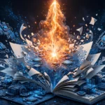 3D illustration of a glowing spark igniting digital publishing tools with circuit patterns