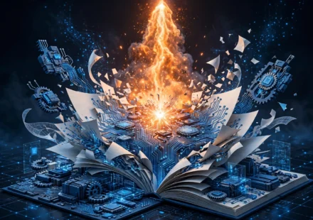 3D illustration of a glowing spark igniting digital publishing tools with circuit patterns