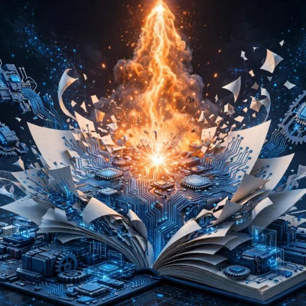 3D illustration of a glowing spark igniting digital publishing tools with circuit patterns