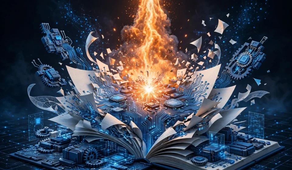 3D illustration of a glowing spark igniting digital publishing tools with circuit patterns
