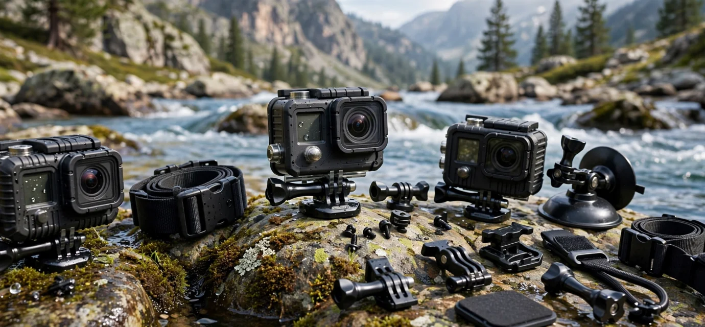 Action cameras mounted for an outdoor adventure