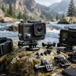 Action cameras mounted for an outdoor adventure