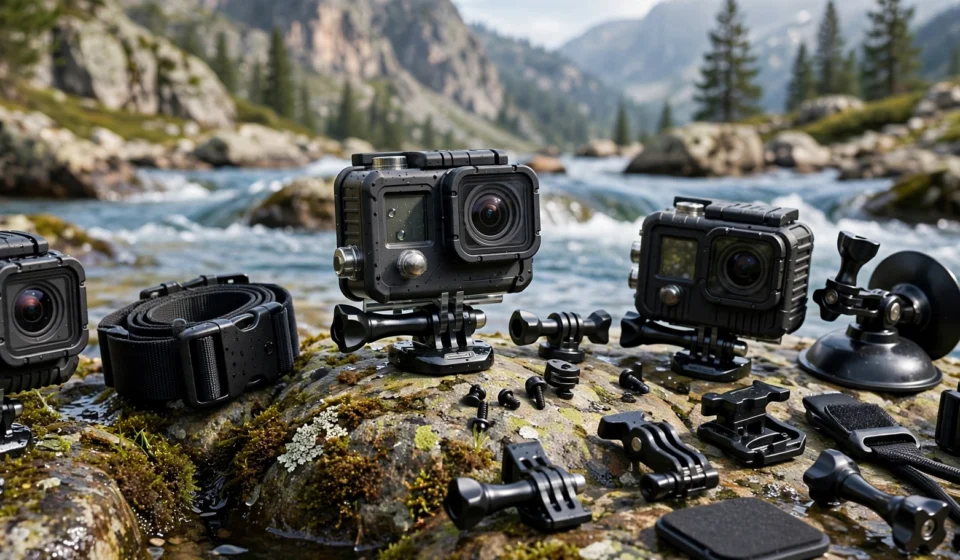Action cameras mounted for an outdoor adventure