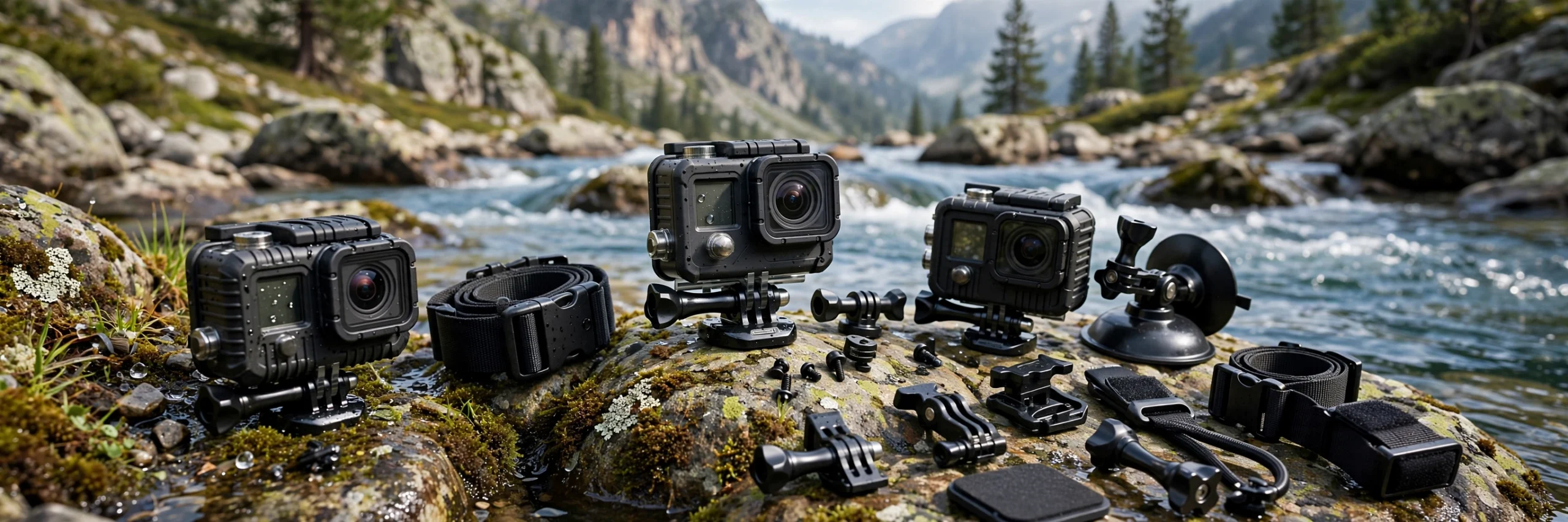Action cameras mounted for an outdoor adventure