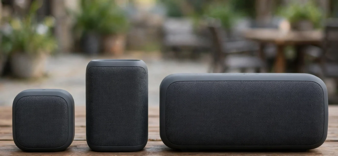 Portable Bluetooth speakers on a wooden table