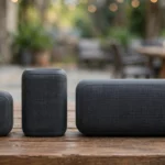 Portable Bluetooth speakers on a wooden table