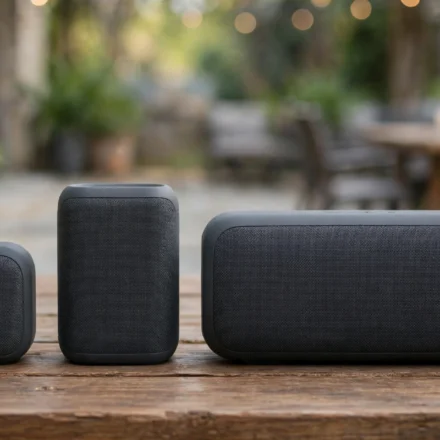 Portable Bluetooth speakers on a wooden table