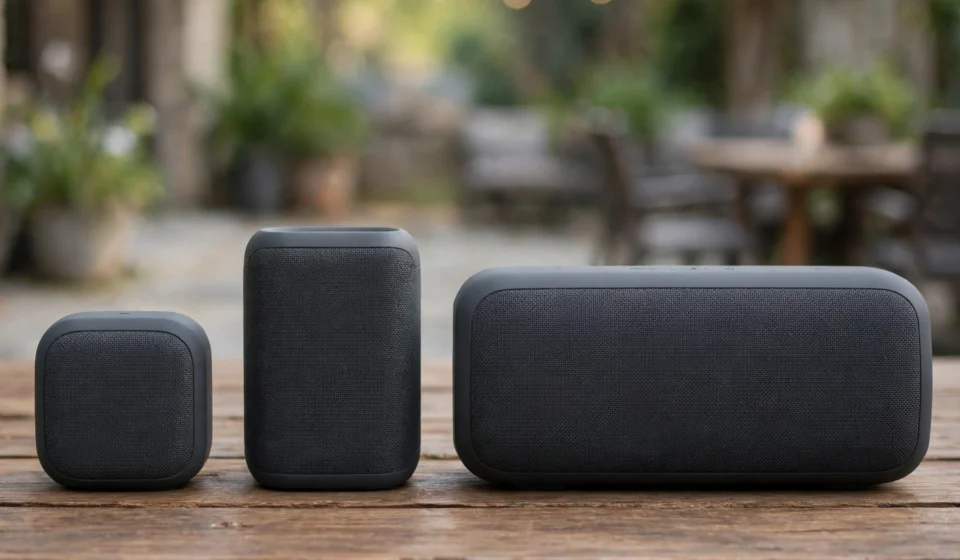 Portable Bluetooth speakers on a wooden table