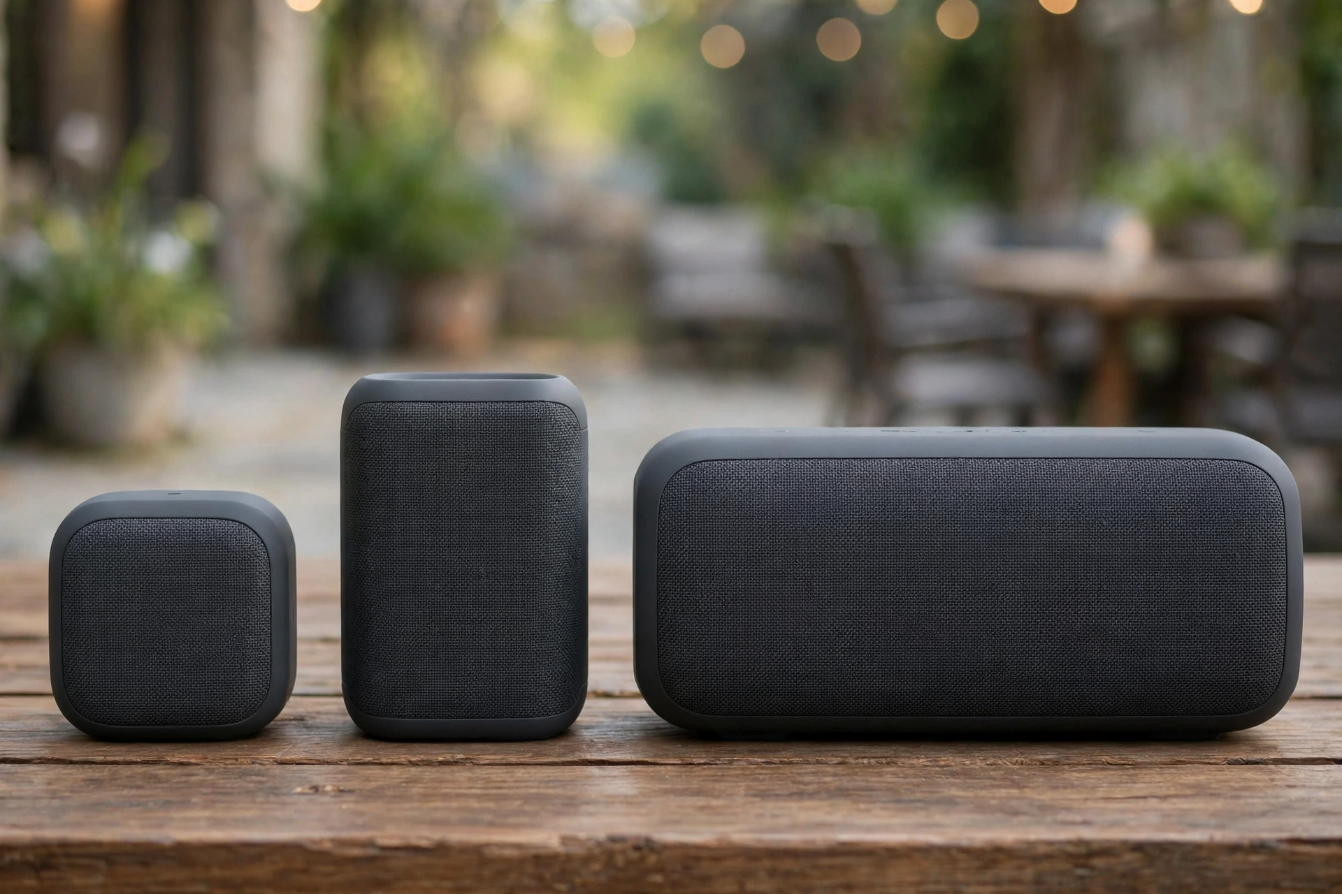 Portable Bluetooth speakers on a wooden table