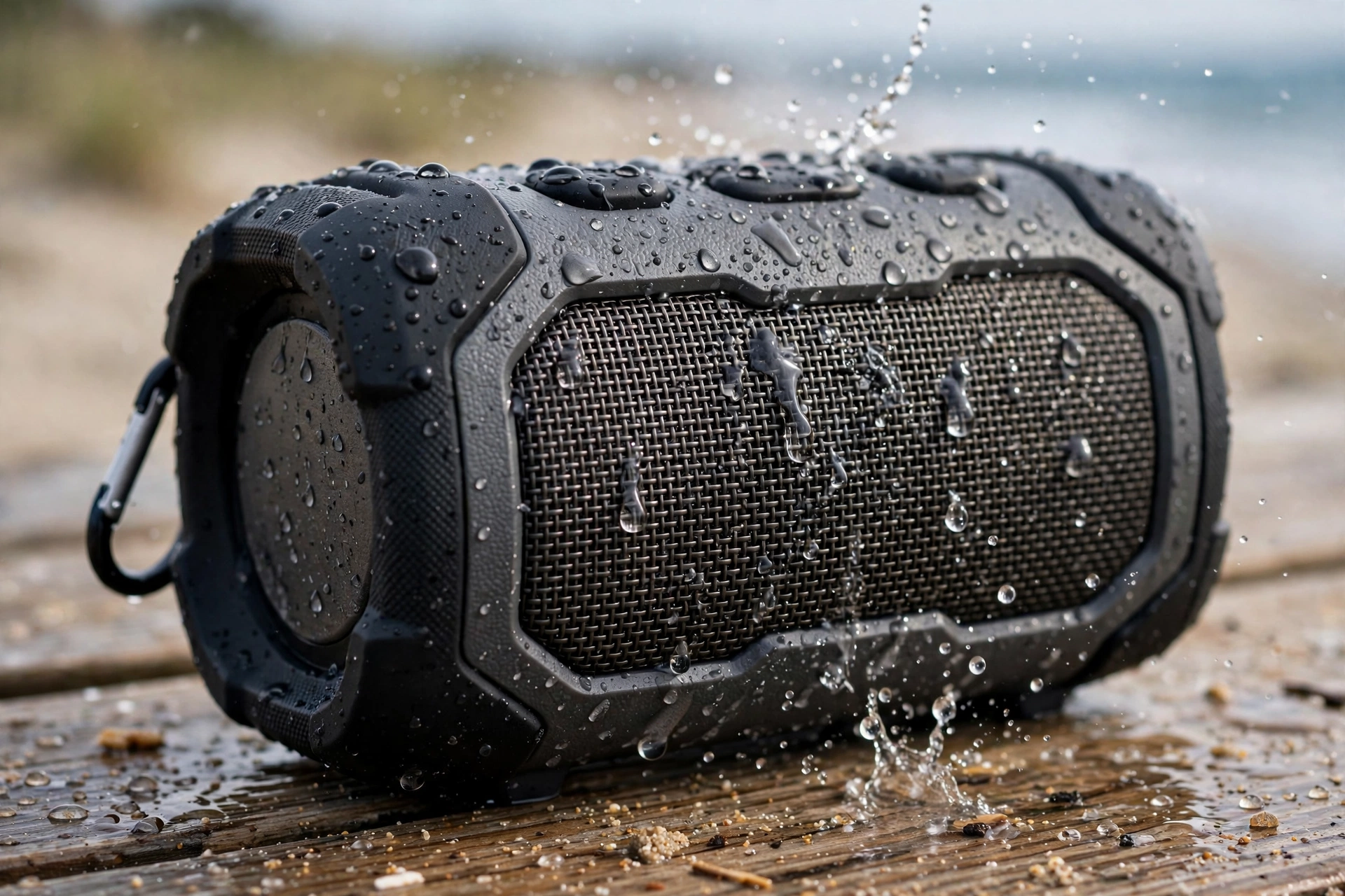 Portable Bluetooth speaker splashed with water on a beach table