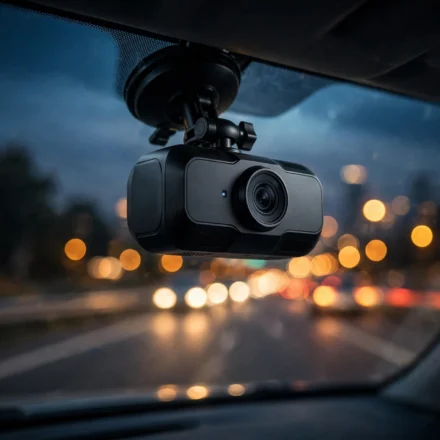 Dash cam mounted on a car windshield