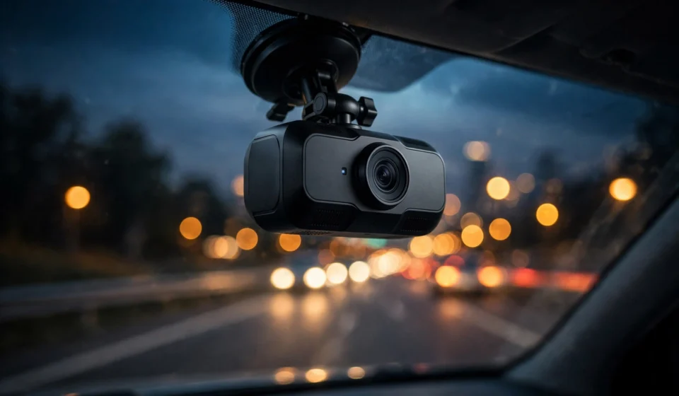 Dash cam mounted on a car windshield
