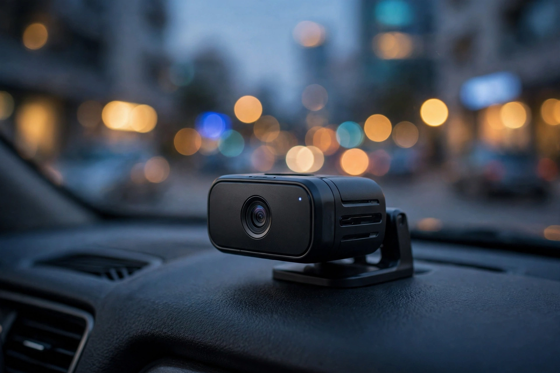 Car dashboard with a dash camera recording the road