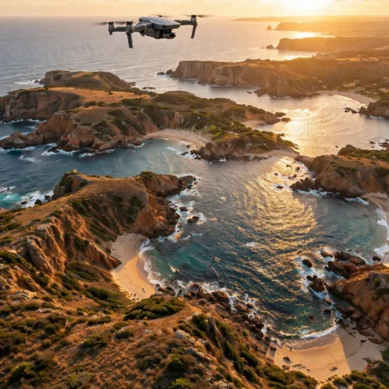 Camera drone flying over a scenic landscape