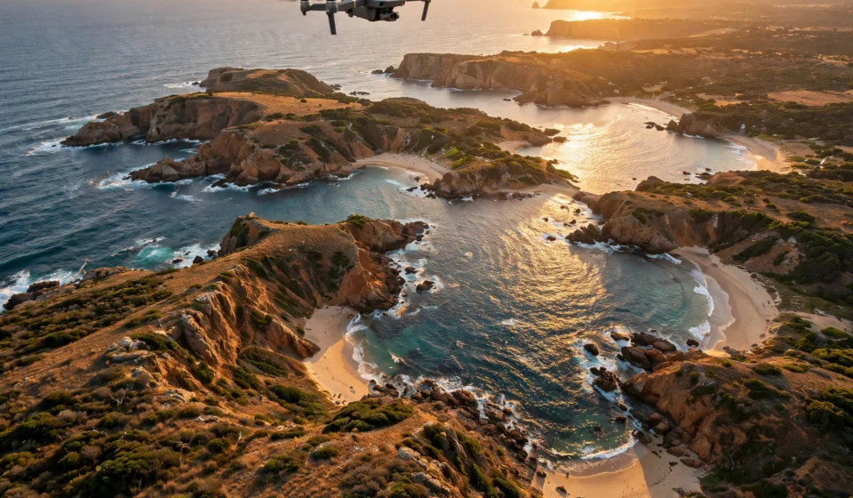 Camera drone flying over a scenic landscape