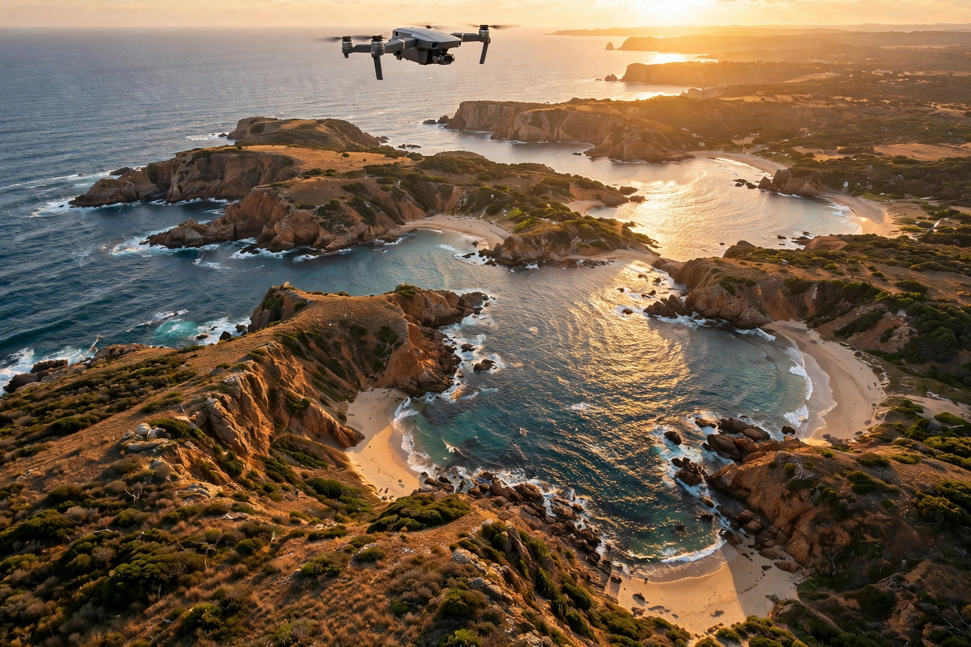 Camera drone flying over a scenic landscape