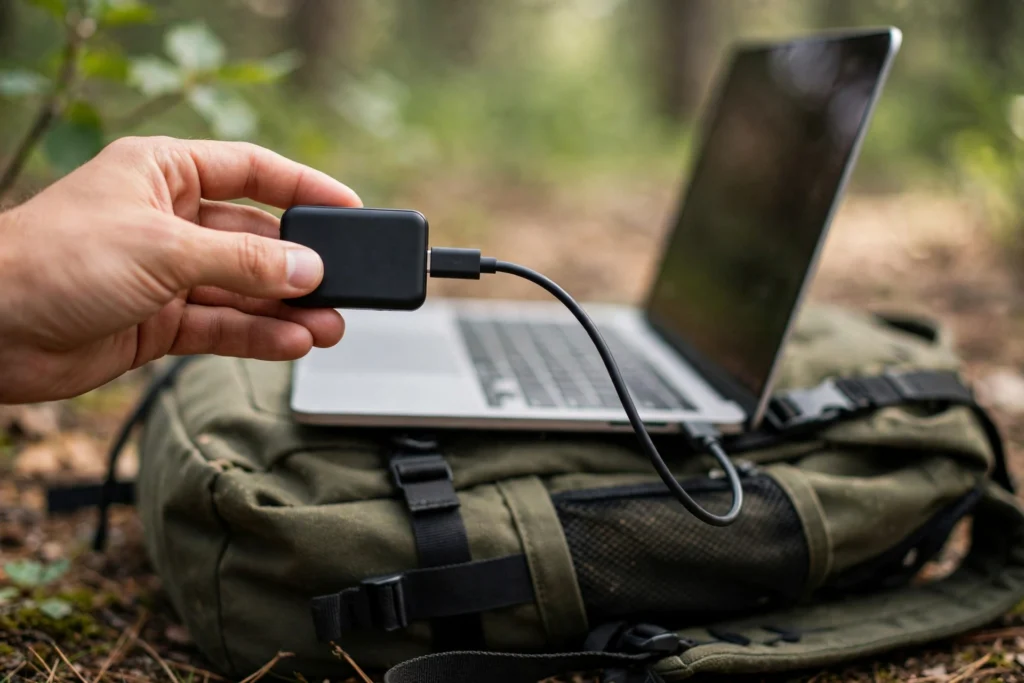 Hand connecting an external SSD to a laptop