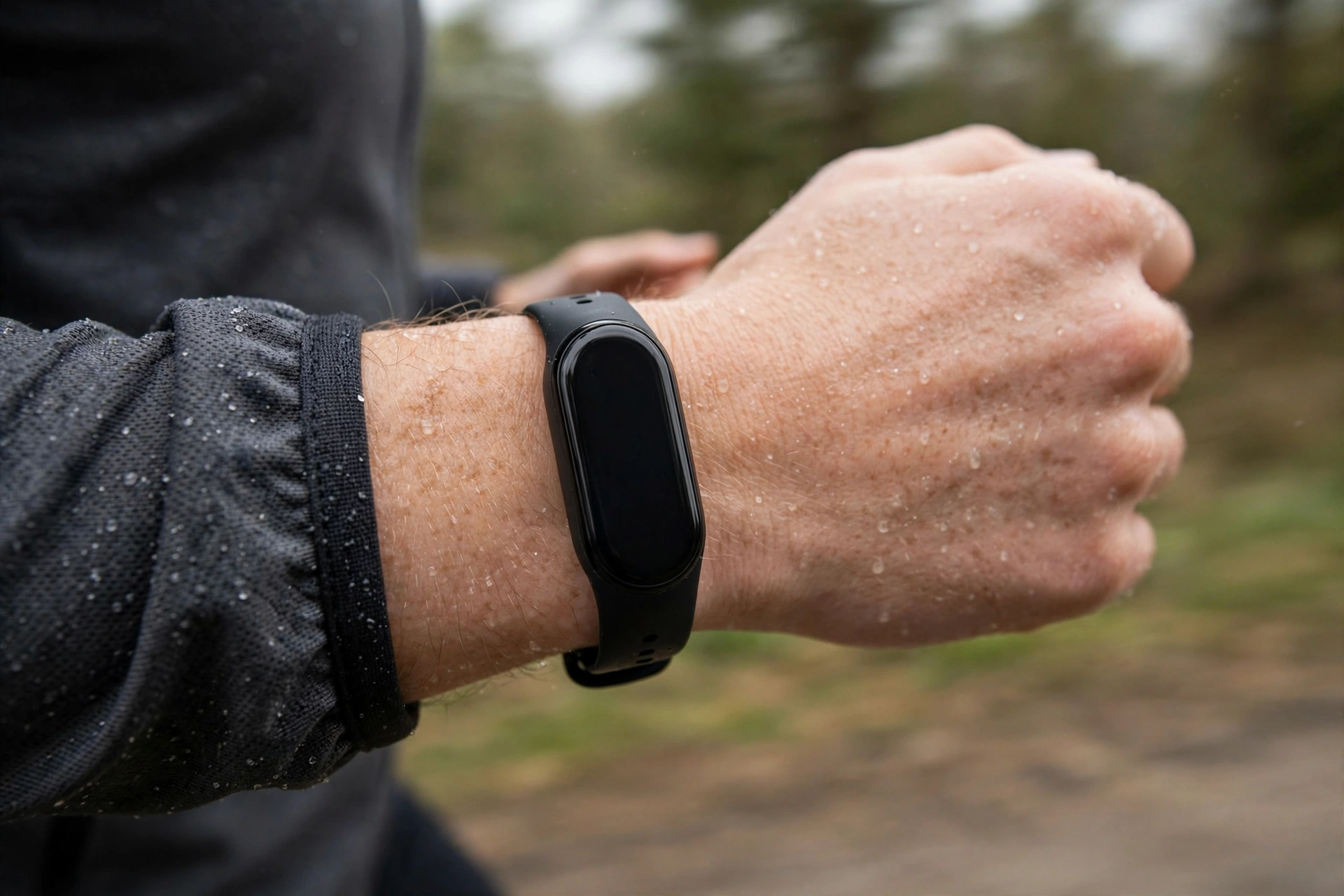 Person jogging wearing a fitness tracker on wrist