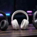 Gaming headsets displayed on a desk