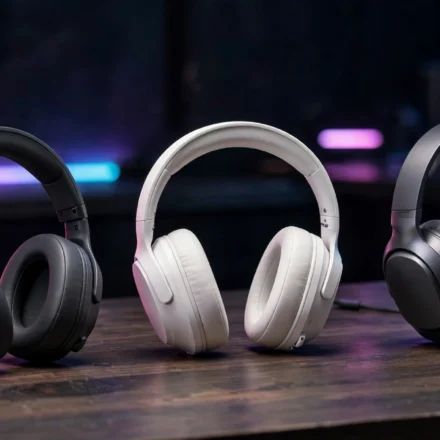 Gaming headsets displayed on a desk