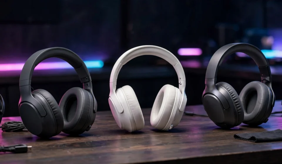 Gaming headsets displayed on a desk