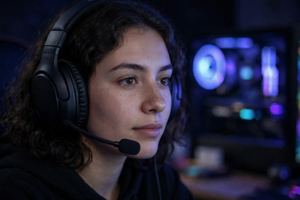 Close-up of a gaming headset with microphone