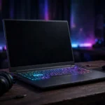 Gaming laptop with backlit keyboard on a desk