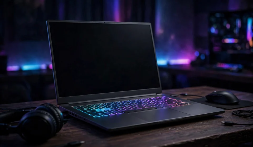 Gaming laptop with backlit keyboard on a desk