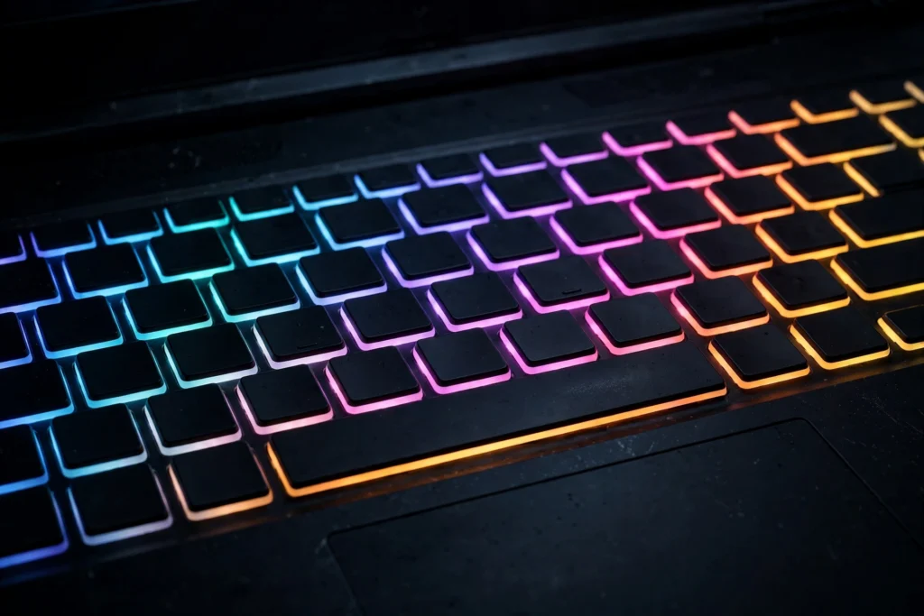 Close-up of an RGB backlit gaming laptop keyboard
