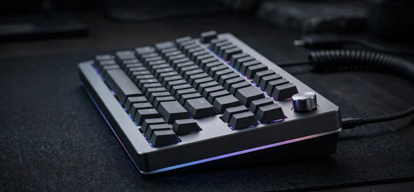 Backlit mechanical keyboard on a desk