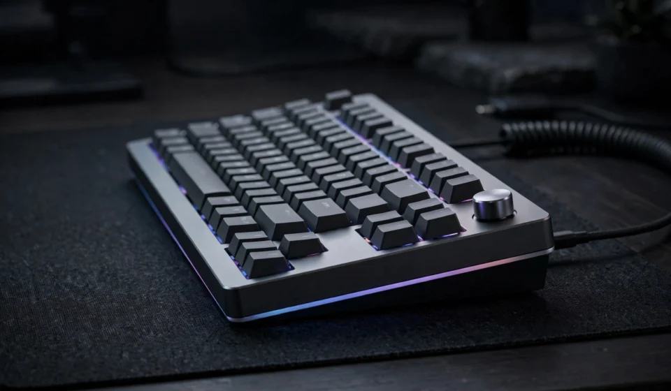 Backlit mechanical keyboard on a desk