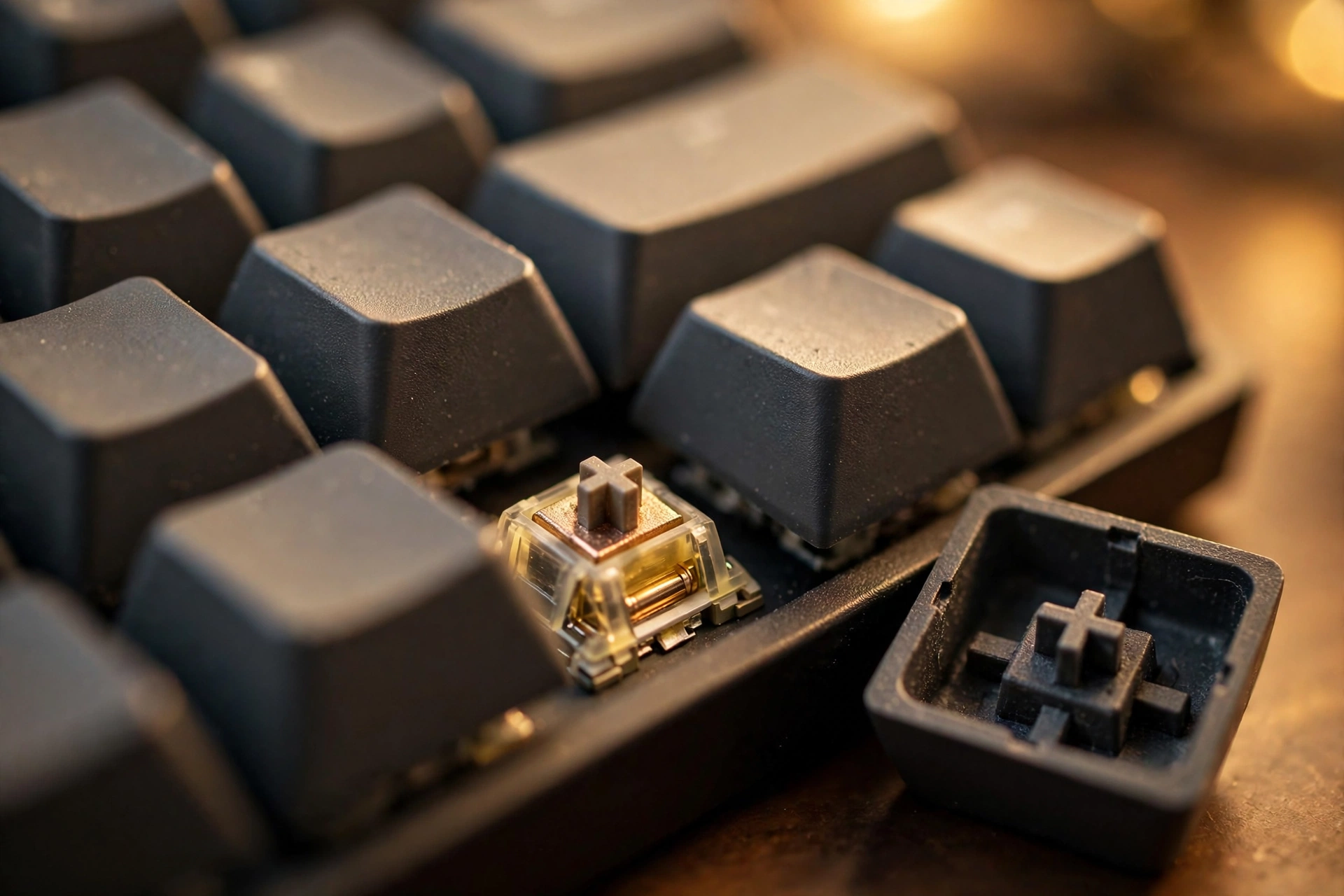 Close-up of mechanical keyboard keycaps and switches