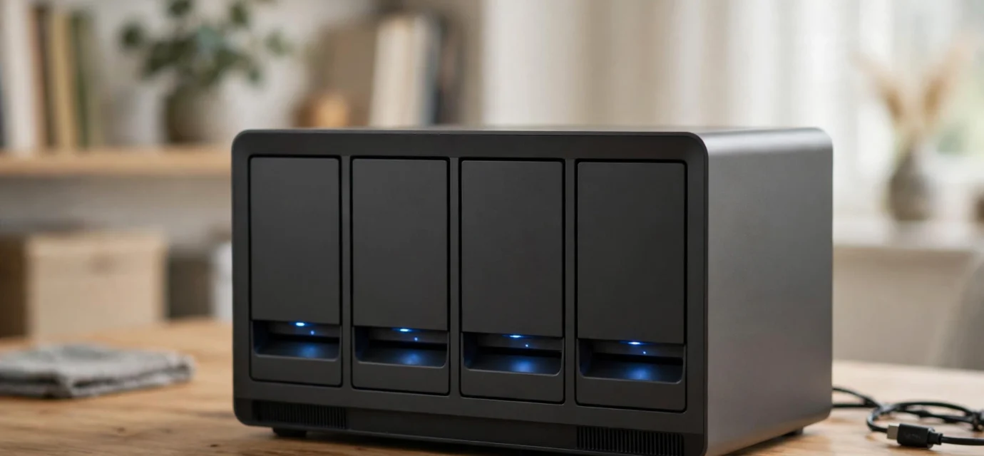 Network storage device on a home office shelf
