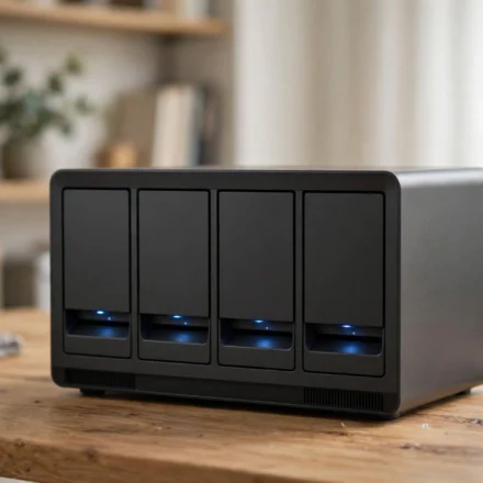 Network storage device on a home office shelf
