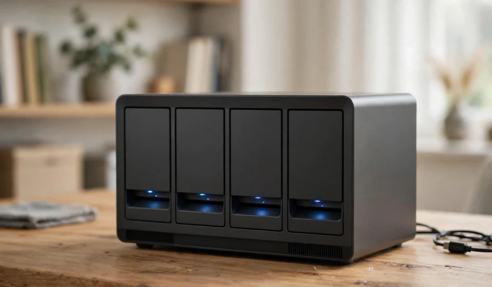 Network storage device on a home office shelf
