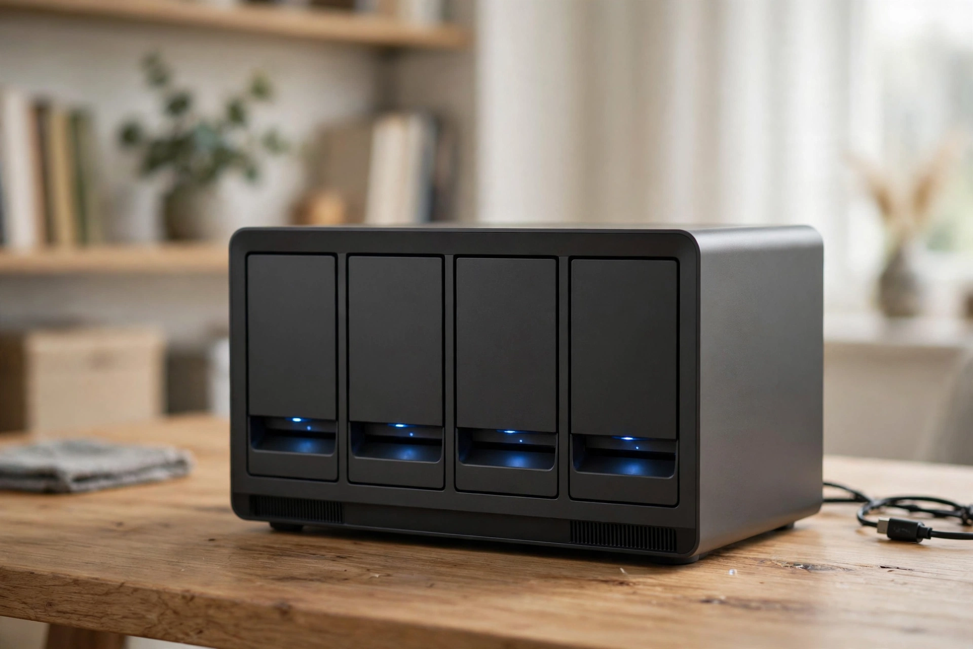 Network storage device on a home office shelf
