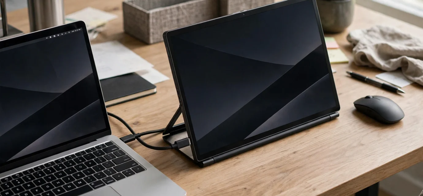 Portable monitor connected to a laptop