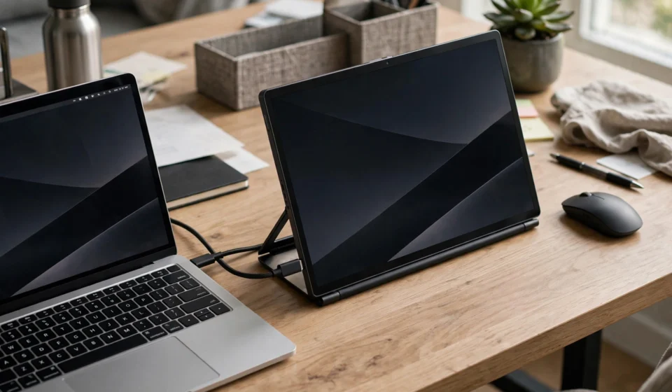 Portable monitor connected to a laptop