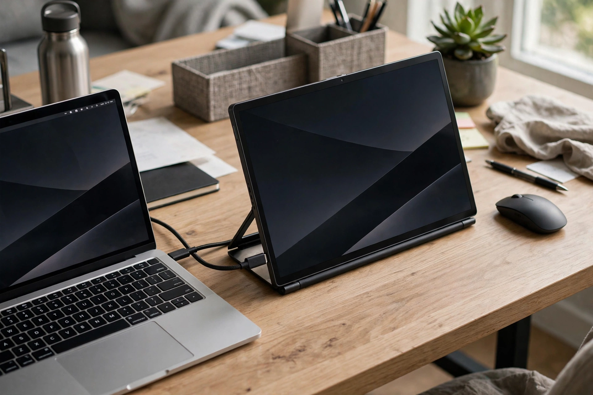 Portable monitor connected to a laptop